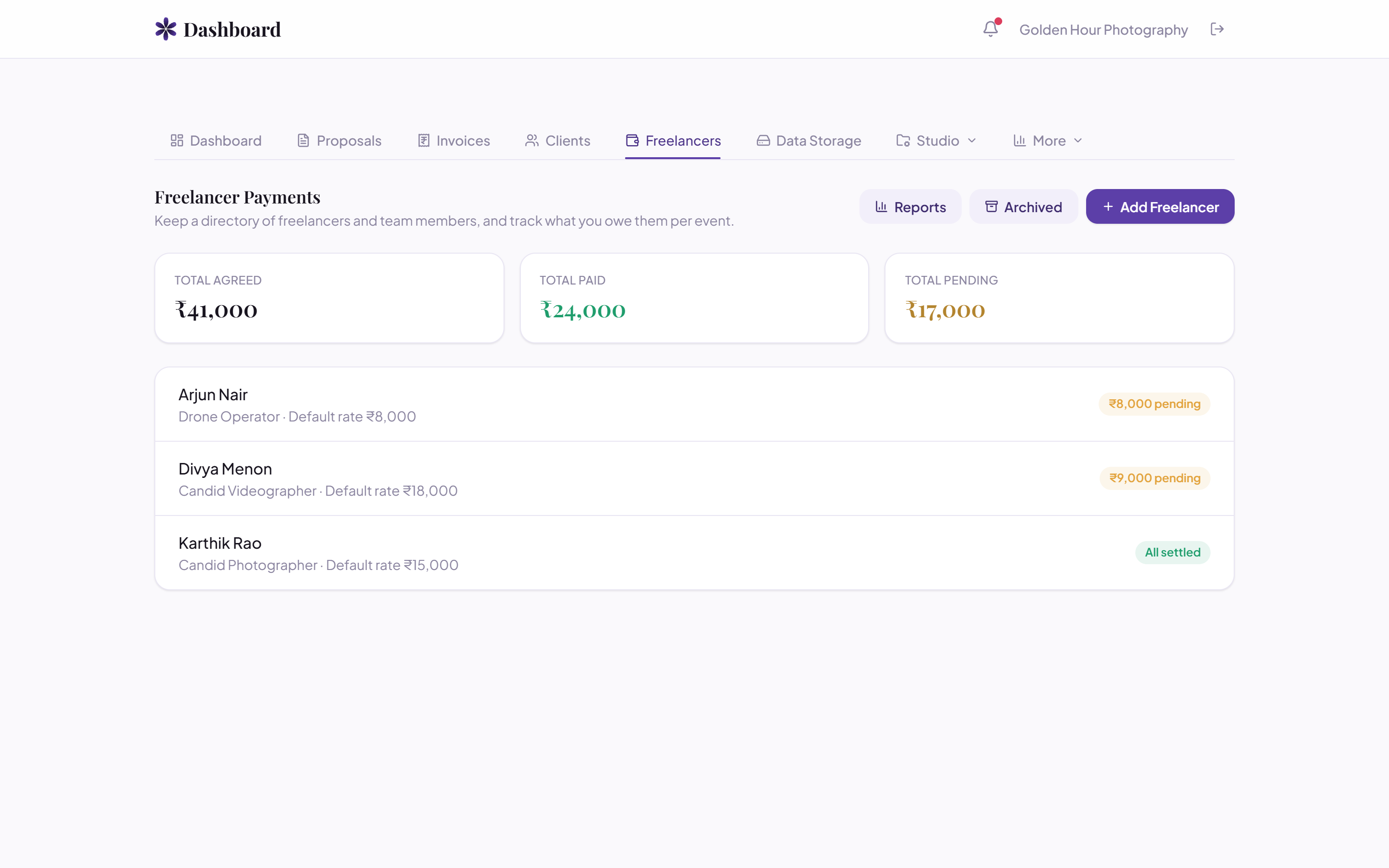 Freelancer payment tracking with agreed, paid, and pending totals in TaKo Studio