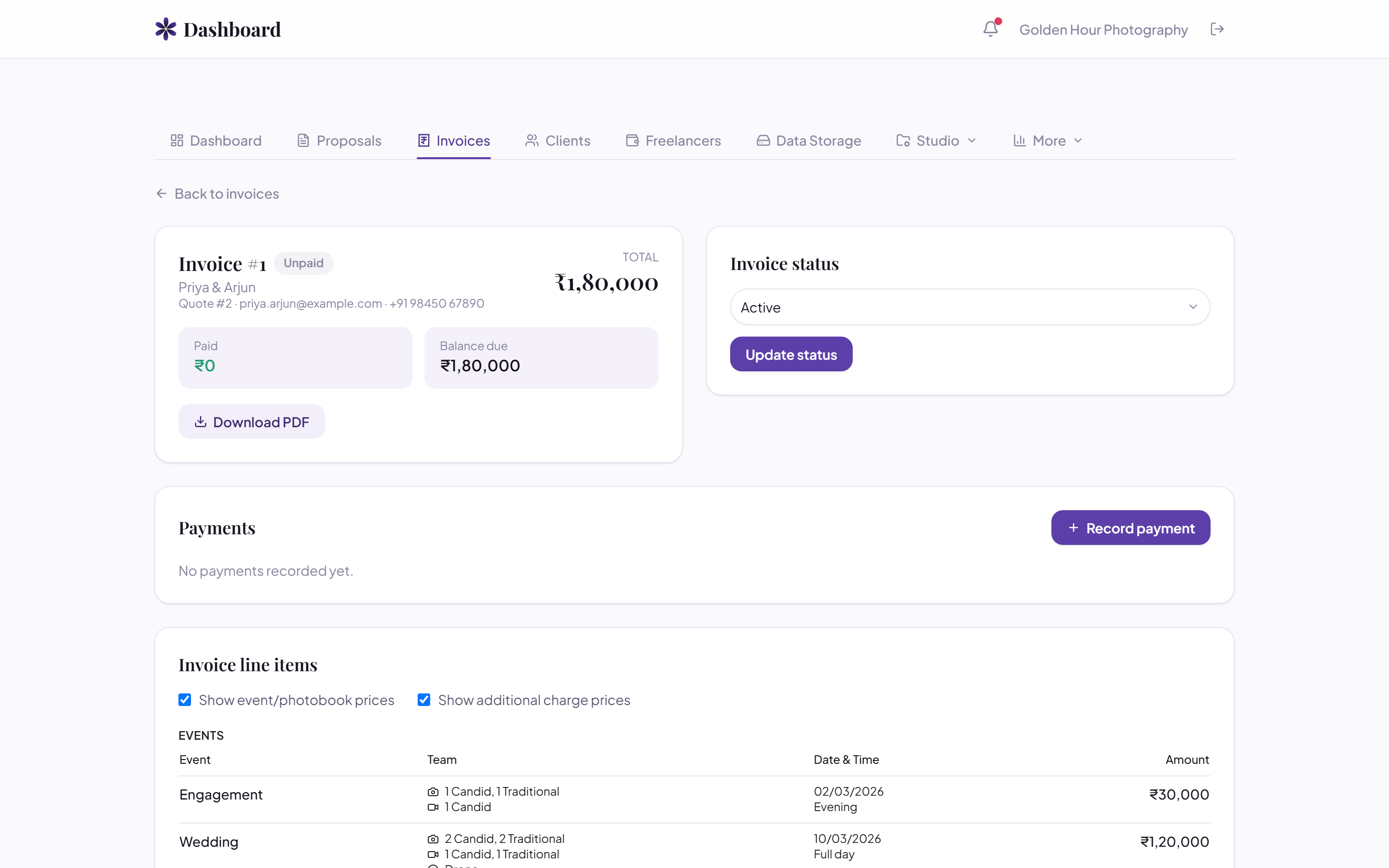 A wedding invoice with payment tracking in TaKo Studio