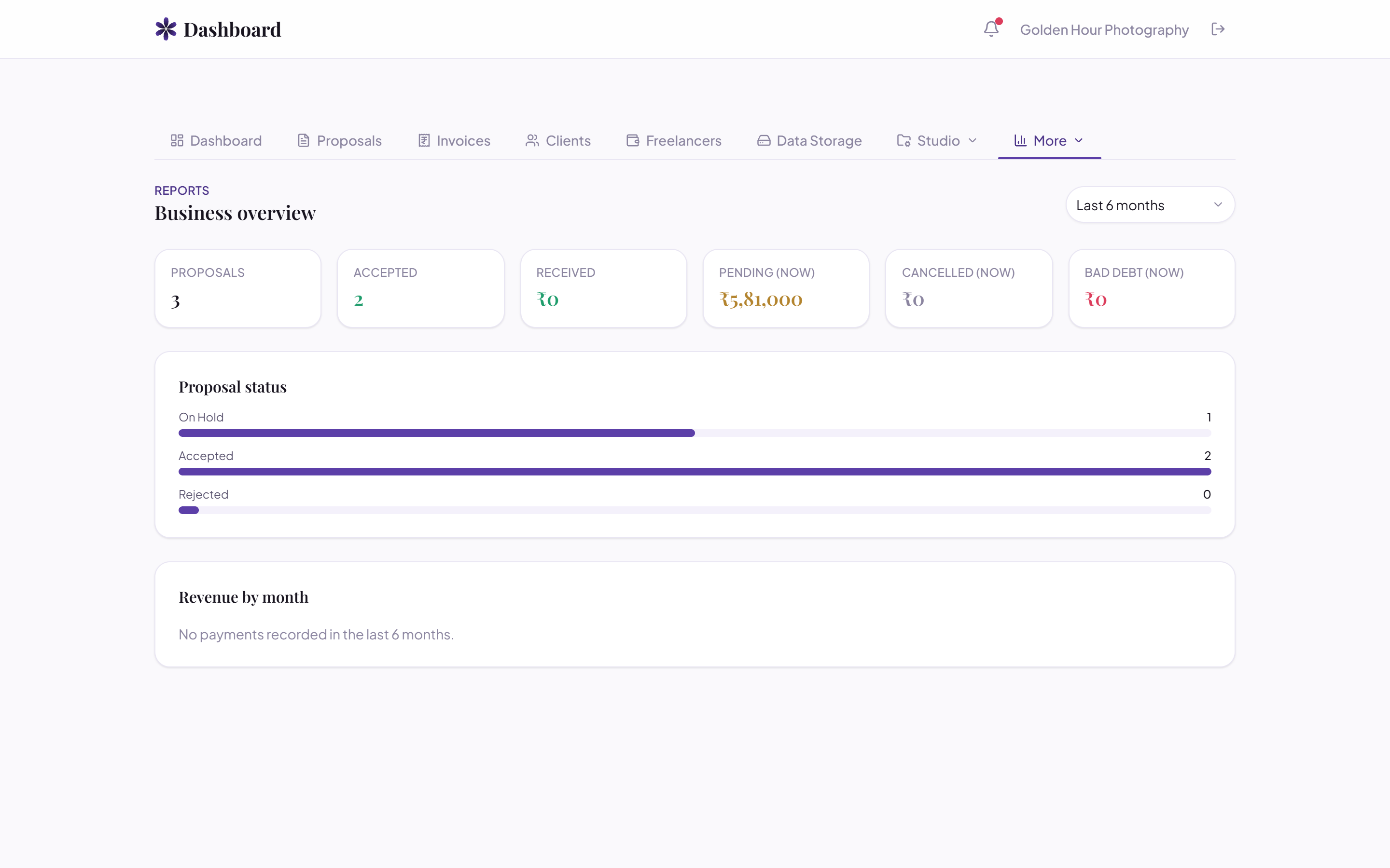 Business overview report with revenue and proposal status in TaKo Studio